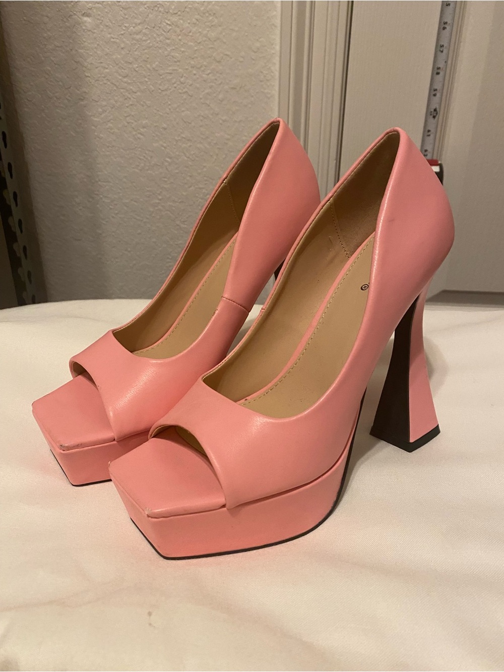 Qupid Pink Peep-Toe Platform Pumps with Block Heel